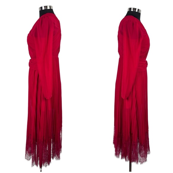 SELF PORTRAIT DARK RED CROSS FRONT LONG SLEEVE PLEATED SKIRT LACE MIDI DRESS - Picture 7 of 15